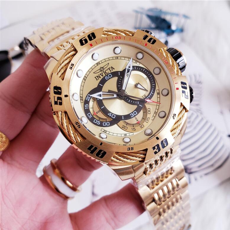 

2019 Swiss cosc Latest version high quality INVICTA Large dial Run seconds to time multiple time zones multifunction Men's gold Quartz watch, Empty box no watch