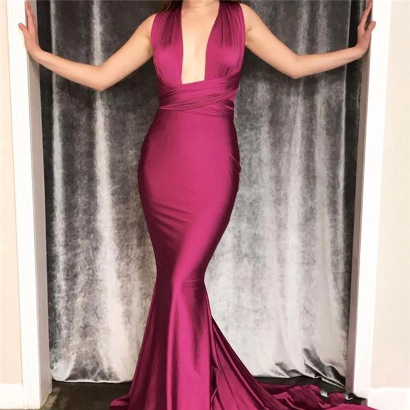 Cheap Arabic Burgundy Evening Dresses 2019 New Sexy Mermaid Convertible Mixed Styles Sleeveless Sweep Train Formal Party Dress Prom Gowns