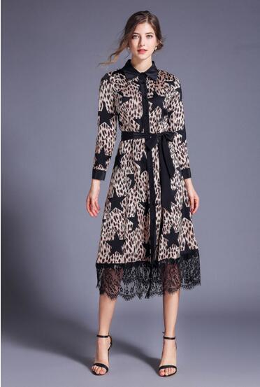 

European Autumn Women's New Leopard Pentagram Slim Lace Panel Dress, As the picture
