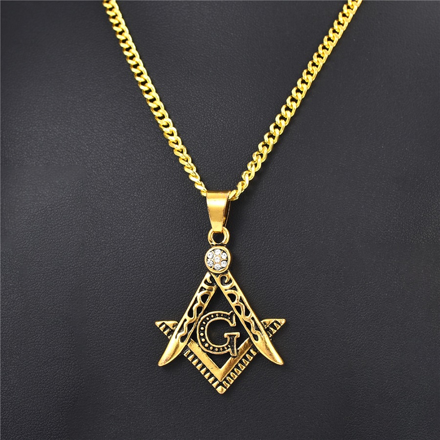 

Fashion Mens 18K Gold Plated Vintage Masonic Pendant Necklace Hip Hop Jewelry Rhinestone Design Link Chain Punk Men Necklaces For Gifts