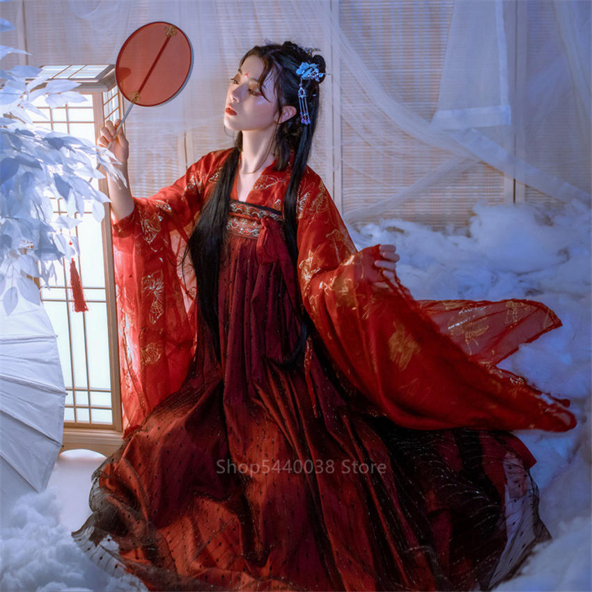 

Ancient Chinese Costume Fairy Cosplay Hanfu Tang Dynasty Red Wedding Traditional Chinese Folk Dress for Women New Year Clothes, Color3