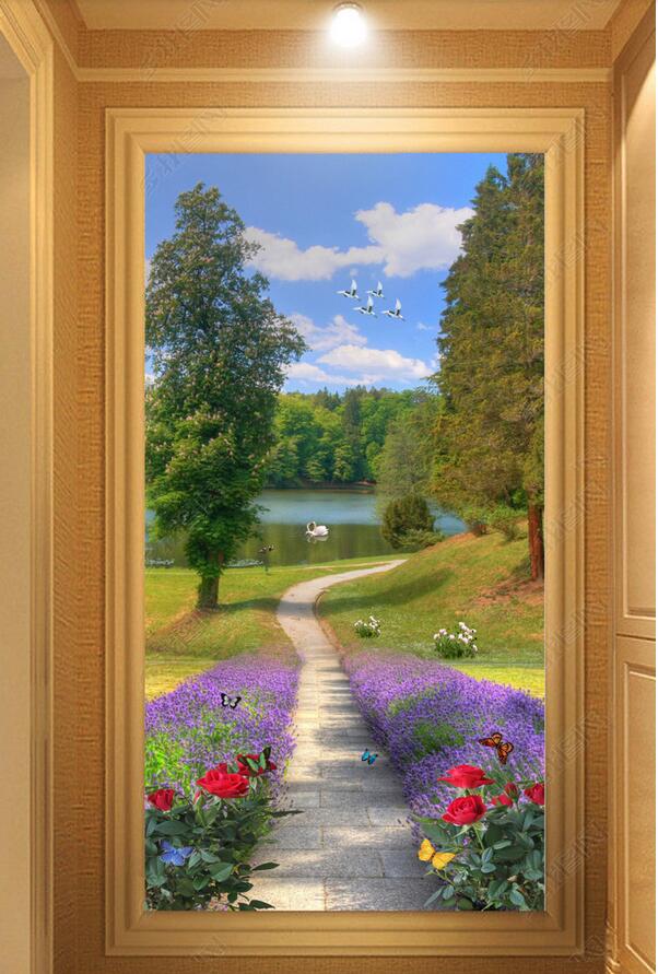 

3d wallpaper custom photo Beautiful flower path porch background wall muals wall paper for walls 3 d, Sky blue