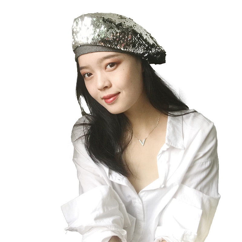 

20pcs Sequins Beret Hat 3 Colors Women Adjustable Double Color Reversible Paillette Hats Fashion England Retro Girls Cap, Black