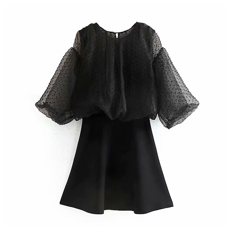 

Stylish Patchwork Mini Dress See Through Puff Sleeve High Street Women A Line Dress Women O Neck Holiday Black Sundress