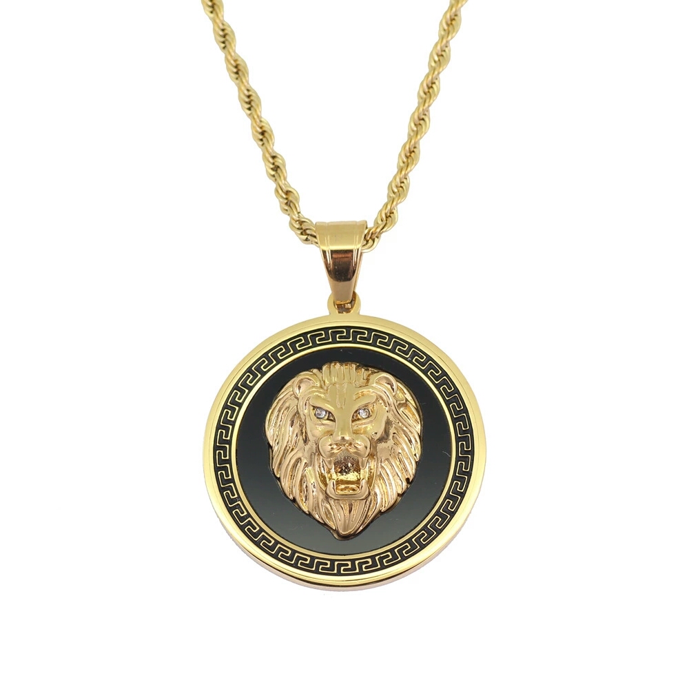 

hip hop lion head round pendant necklaces for men western animal luxury necklace Stainless steel Cuban chains dog tag jewelry free shipping