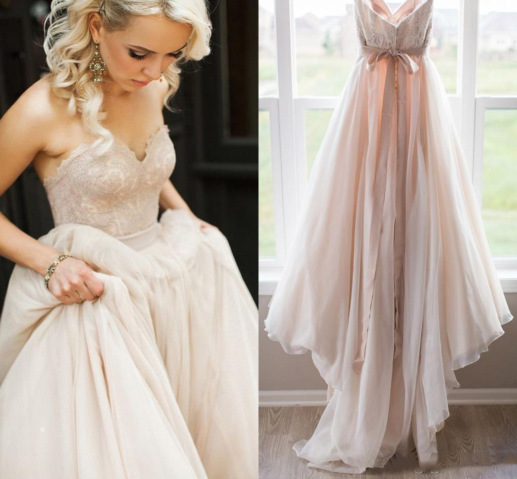 Une ligne simple robes de mariée avec chérie LAce Appliqued étage longueur Becah mariage robes de mariée livraison gratuite