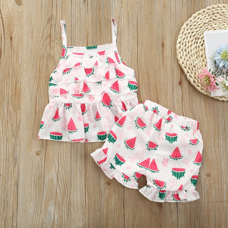 

Summer Baby Girls Sets Sleeveless Top with Narrow Straps Printed Watermelon Shorts, White