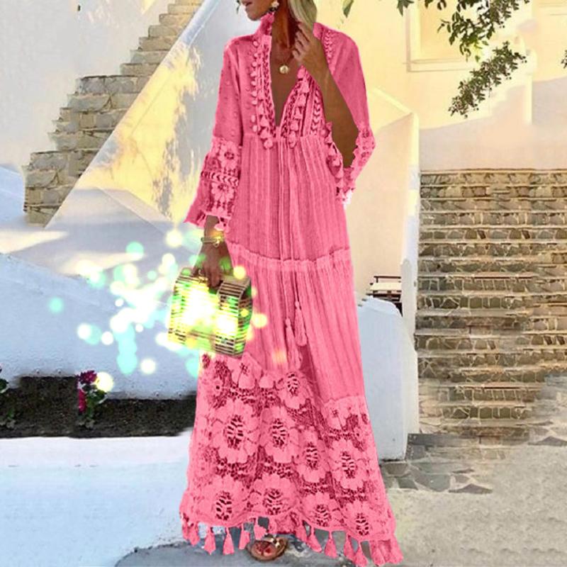 

Summer Women Fashion Casual Party Bohemian Large Size V-Neck Solid Color Lace Tassel Long Dress, Yellow