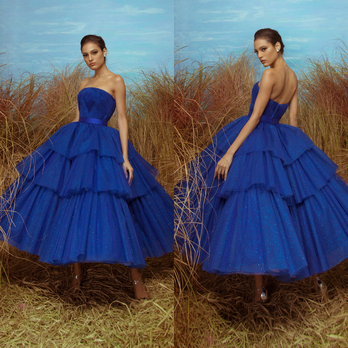 

Royal Blue Prom Dresses Abendkleider Strapless A Line Tulle Glitter Tiered Skirts Evening Dress Tea Length Custom Made Ball Gown Robes, Champagne