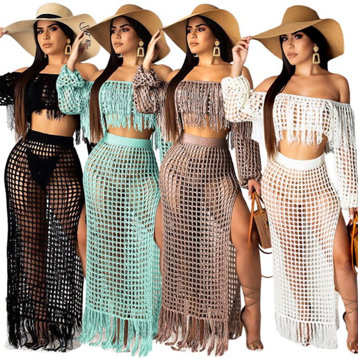 

Womens clothing long sleeve strapeless outfits 2 piece set sexy fashion hollow out tracksuit summer new style mesh tassel suits klw0896, Black