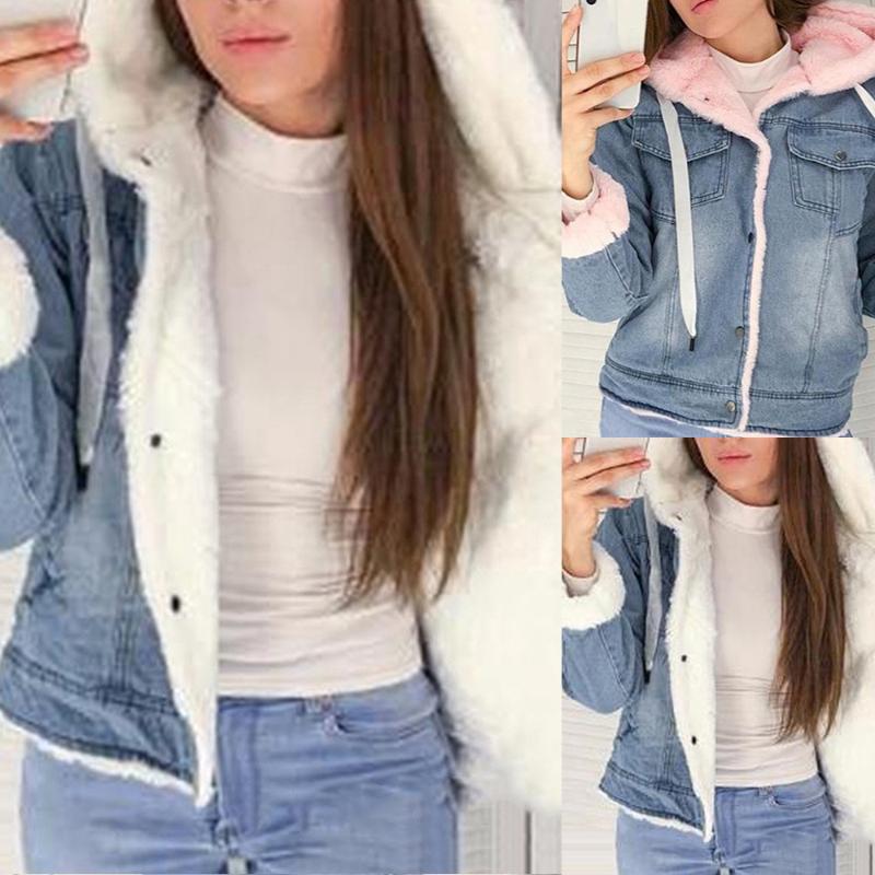 

2019 New Women Denim Jacket With Fur Winter Jeans Warm Hooded Velvet Jacket Femme Faux Fur Collar Padded Coats Bomber Windbreake, White