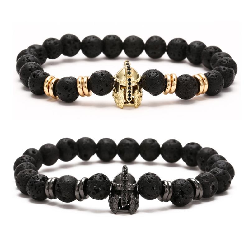 

Popular Women Men CZ Spartan Warrior Helmet Charm Lava Stone Beaded Bracelet Jewelry Punk Hip Hop Yogi Pulseira hombres