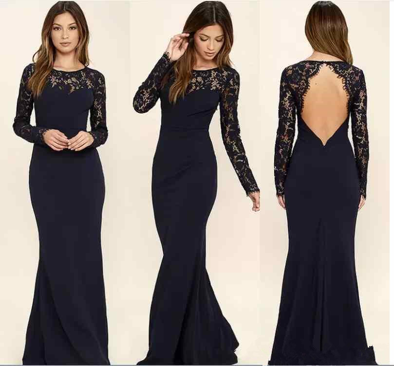 

Newest Dark Navy Mermaid Bridesmaid Dresses Sheer Long Sleeves Lace Sexy keyhole Backless Long Evening Dresses Wedding Guest Gowns