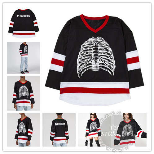 

Men's Women's Kids Custom Pleasures Ribs Hockey Jersey Black Long Sleeves Any Name Any Number Halloween Spooky Hockey Jersey