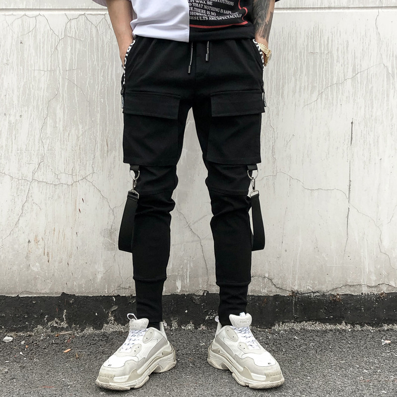 

Men Sweatpant Multi-pocket Elastic Waist Harem Pant Street Punk Hip Hop Casual Trousers Joggers Male Dancing Pant, Black