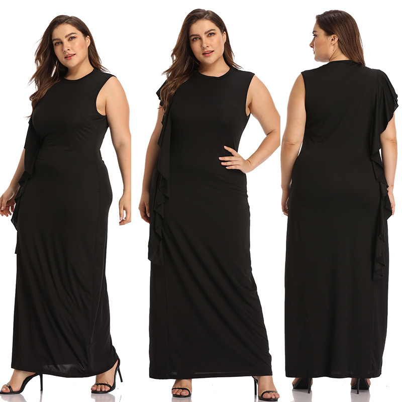 

Summer Black Party Dresses Women Plus Size 3XL 4XL Sleeveless Ruffles High Waist Tunic O-Neck Solid Long Maxi Dress Ladies