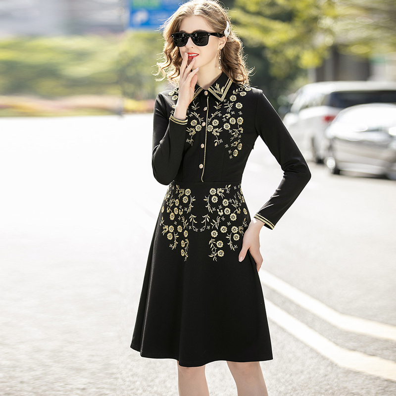 

Women' Runway Dresses Turn Down Collar Long Sleeves Embroidery Floral High Street Fashion Dresses, Black
