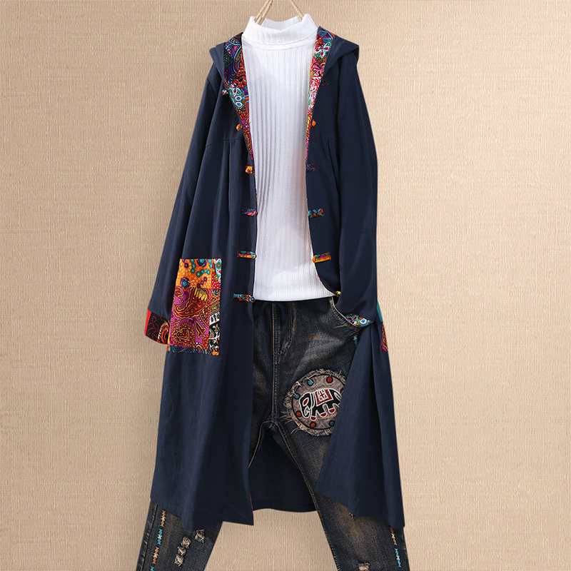 

Women's Patchwork Blouse 2020 Kaftan Hooded Cardigans Spring Causal Long Tops Female Printed Stiching Tunic Plus Size Shirts, Navy