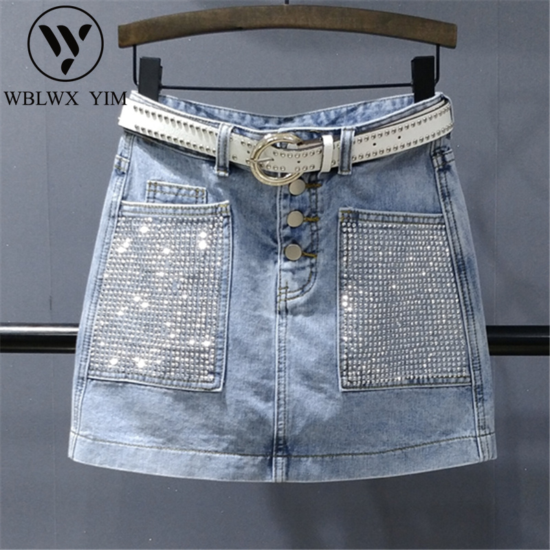 

Single breasted High waist Denim Skirt Summer Loose A-Line Mini Skirt Fashion Rhinestones Pocket Washed Jeans Short Skirts Women, Blue