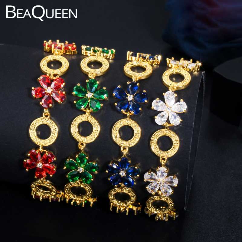 

Link, Chain BeaQueen Trendy 585 Gold Color Flower Circle Round Tennis Bracelets India Red Blue Green CZ Zircon Crystal Ladies Jewelry B190