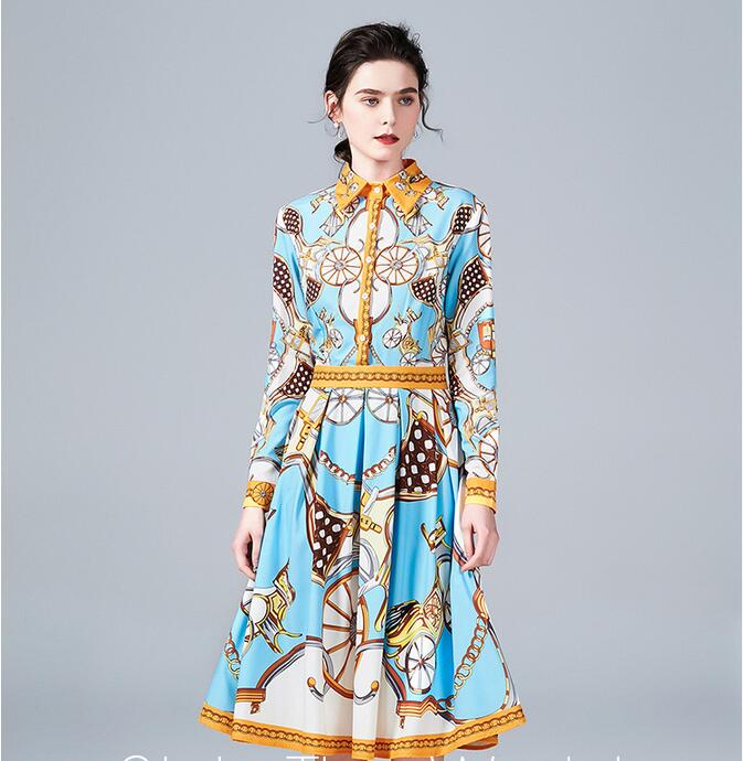 

Scarf Wheel printed long sleeve women blue shirt dresses lapel neck A-line street style dresses Knee-Length long sleeve