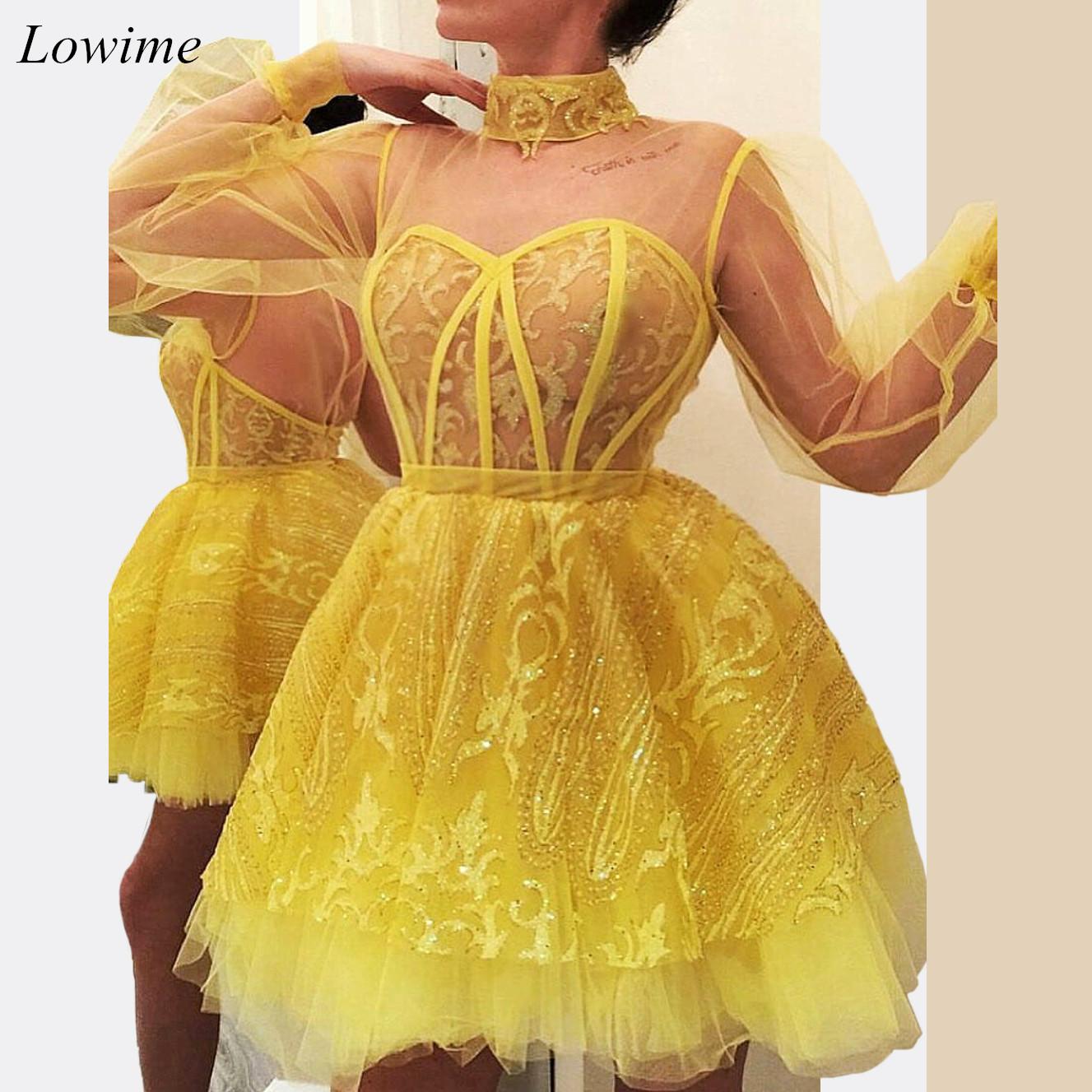 

2020 Sexy Yellow Short Cocktail Dresses Poet Long Sleeves Lace Appliqued Homecoming Gown Mini Length Formal Party Prom Evening Dress, Purple