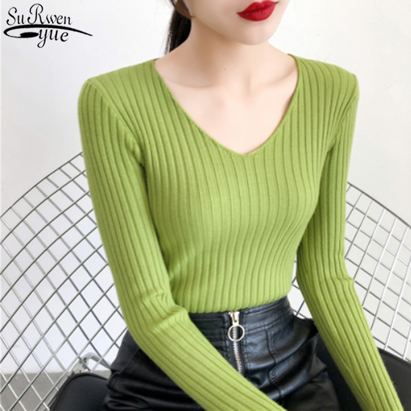 

2020 Autumn and Winter New V-neck Long Sleeve Bottoming Sweater Korean Style All-match Slim Pullover Casual Sweater Women 10309, White;black