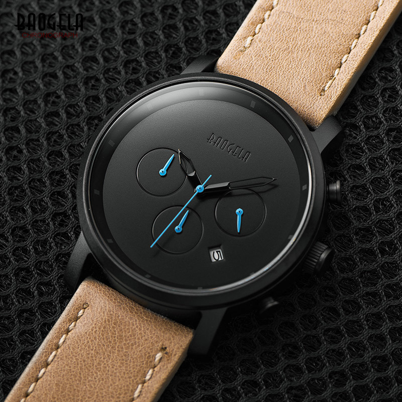 

Baogela Mens Simple Chronograph Analogue Black Quartz Watch, Leather Bracelete Wristwatch with Calendar Date for Boy & Man 1705G LY191226, B1705 brown