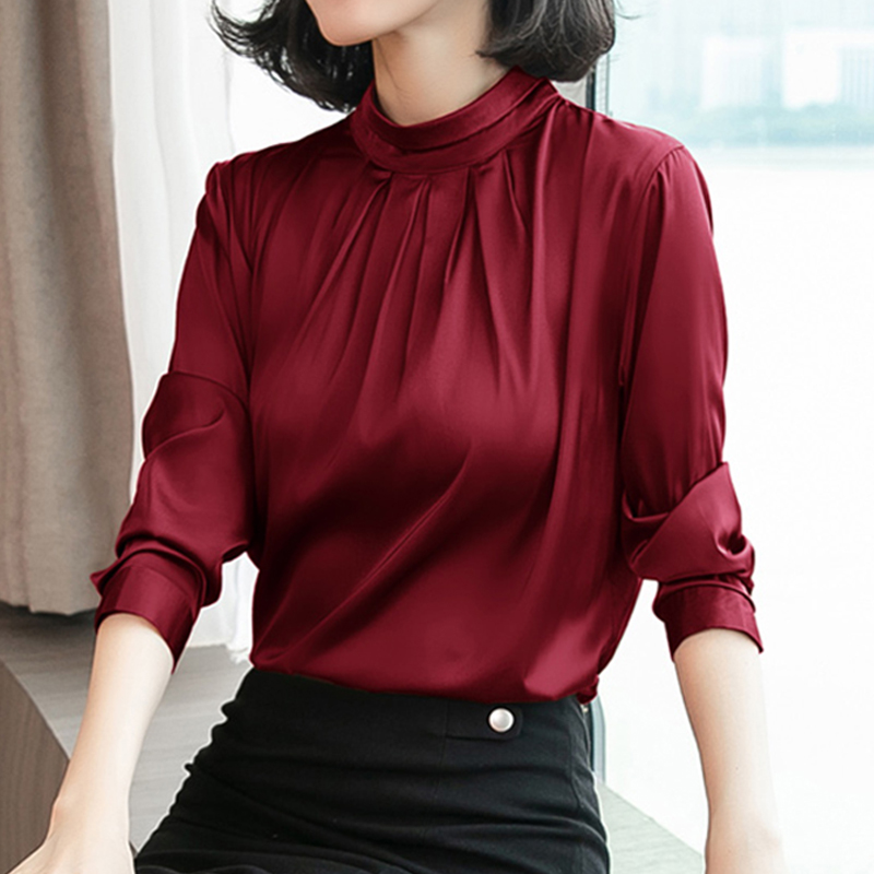 

Vintage Wine red Satin Women Blouse Turtle neck Pleated Luxury Blouse Shirt Solid Long Sleeve Fashion Elegant Ladies Tops 2020, Black