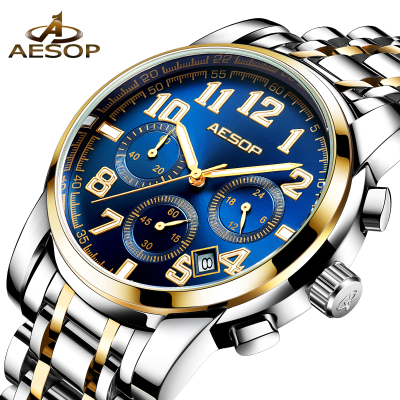 

AESOP Sport Men's Watches Quartz Wristwatch Man Watch Stainless Steel Male Clock Men Wrist Watches Waterproof Relogio Masculino LY191213, Gold black l box