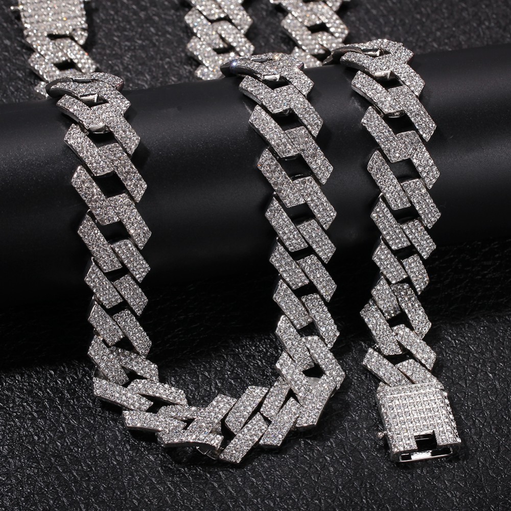 

Color 20mm Prong Cuban Link Chains Necklace Fashion Hiphop Jewelry 3 Row Rhinestones Iced Out Necklaces For Men, Silver