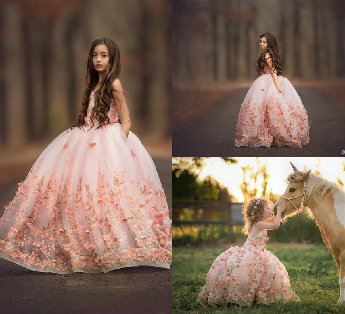 

2019 Cute Blush Pink Girls Pageant Dresses Butterfly 3D Appliques Lace Toddlers Girls First Holy Communion Flower Girl Dress For Wedding, Royal blue