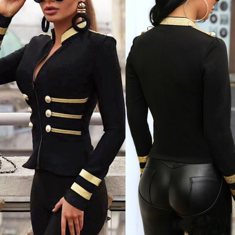 

Women' Ladies Suit Slim Fit Jacket Stand Collar Buttons Coat Outwear Top Long Sleeve Striped Zipper Coat, As pic