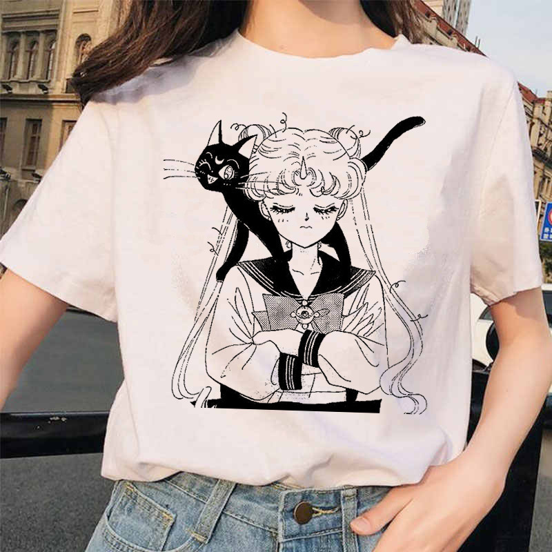 T-shirts D'été Blouses Femmes Dessin Animé Sailor Moon Lièvre Imprimer Dames Chemises De Mode À Manches Courtes Col Rond Modal Doux Style Femme V