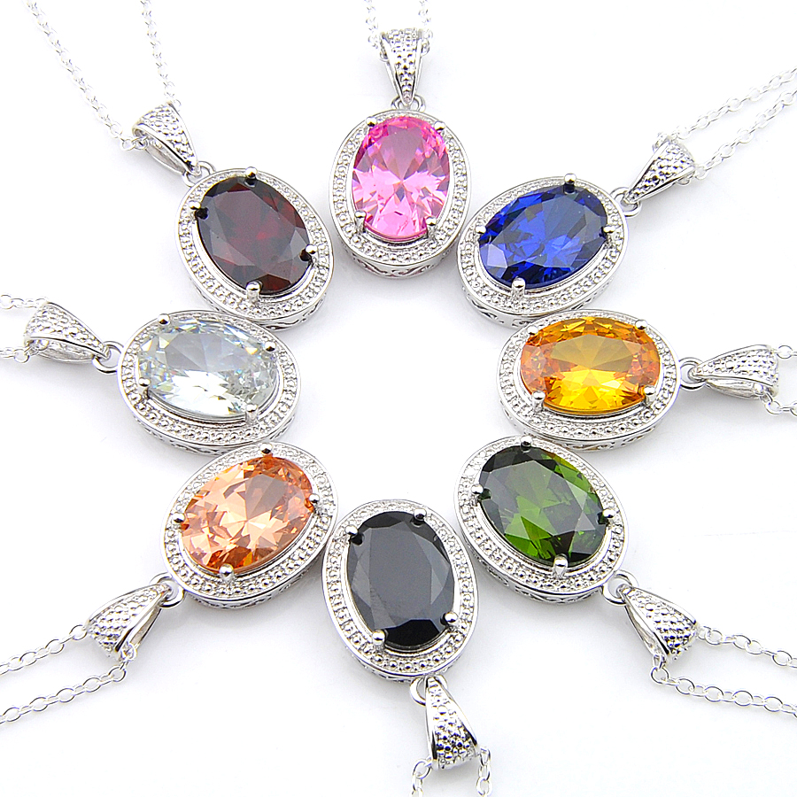 

10 Pieces Oval 8 Color Blue Topaz Gemstone Pendants 925 Silver Pendants Necklaces for Women Men Holiday Gifts 10*14 mm free Shipping