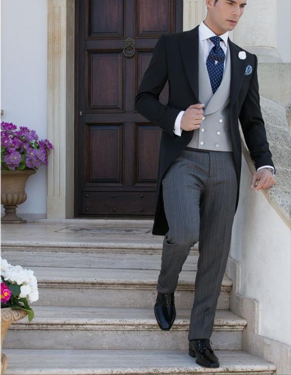 

Custome Made Black Jacket Light Gray Vest Stripe Pants Swallow-Tailed Men Suits Terno Masculino Slim Fit Wedding Suits For Men, Custom made