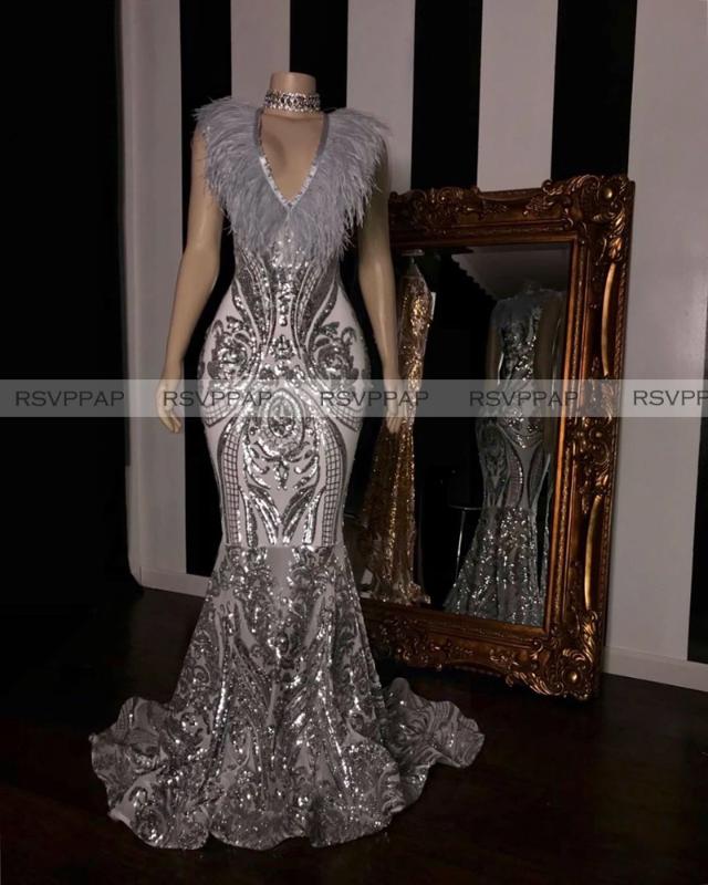 

Sparkly Long Silver Prom Dresses 2020 Mermaid V- neck Sleeveless Sequin Feather Black Girls African Women Prom Gowns