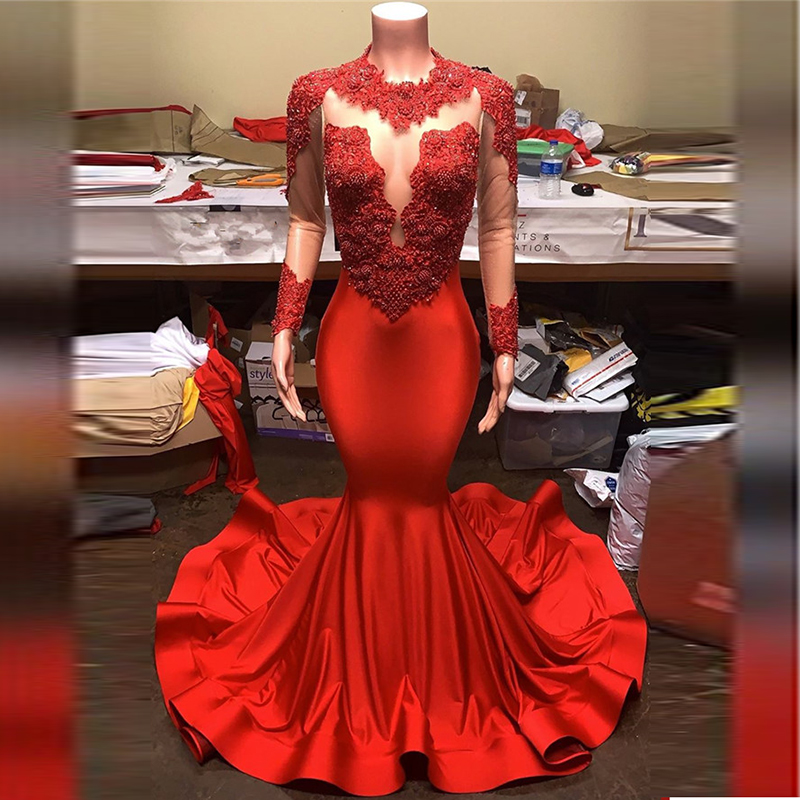 

Sexy Red Long Sleeves Prom Dresses Sheer Neck Satin Lace Beads Sweep Train Cocktail Party Gowns Custom Size Evening Wear, Yellow