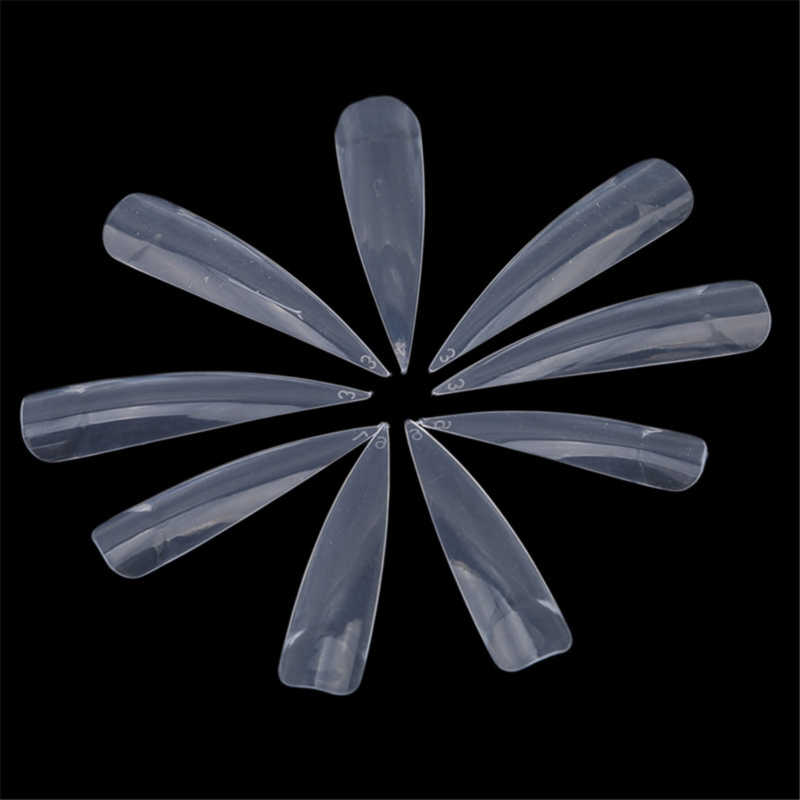 

100Pcs/box Clear Long False Nail Plastic Fake Fingernail Nails Tips Art Full Cover Pointed Fasle Nails Manicure Charms, As picture
