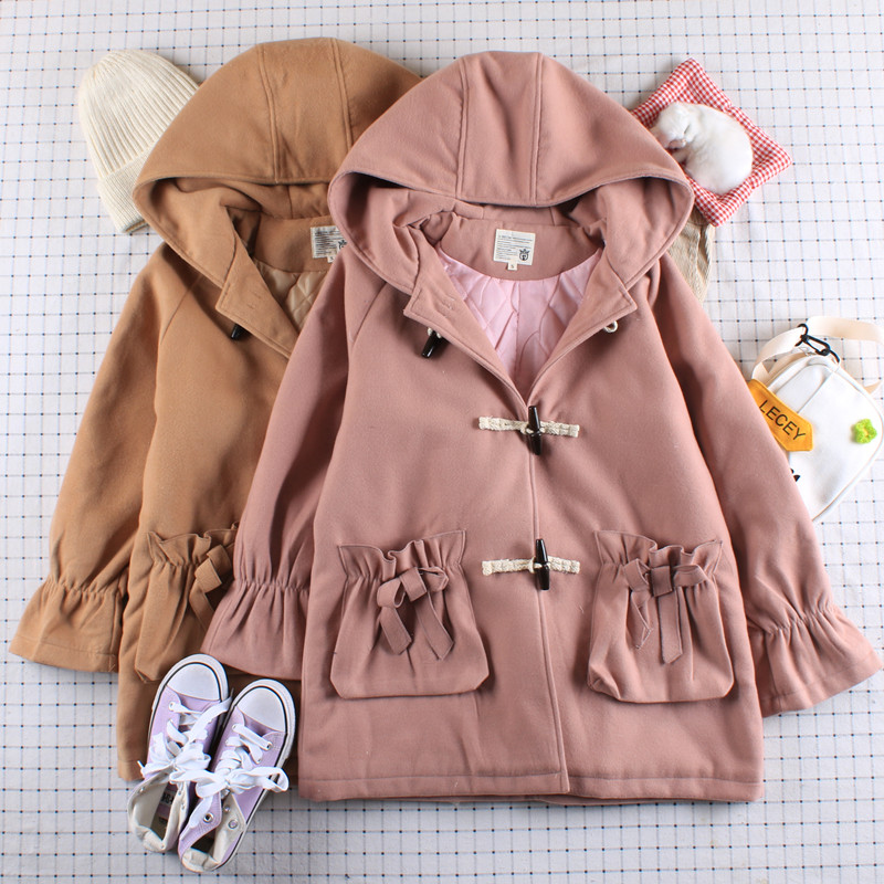 

College Stye Vintage Mori Girl Horn Buckles Woolen Coat Cute Bow Ruffles Pocket Soft Girl Lolita Student Hooded Wool Jacket, Blue