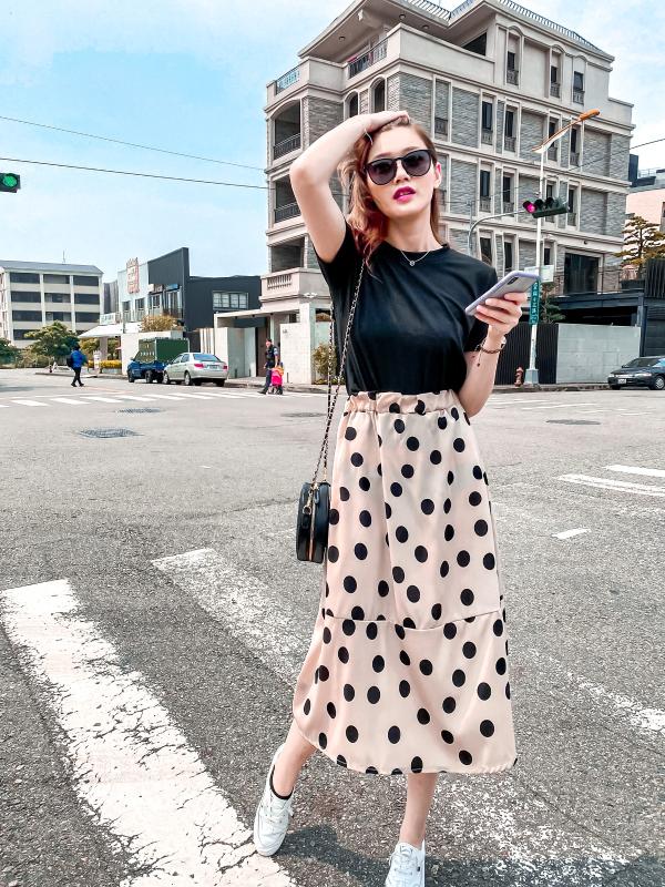 

Casual Summer Two Pieces Sets O-Neck Short Sleeve Tops And Polka Dot A-line Skirt Women' Streetwear Chiffon Skirts Suit Female, Black