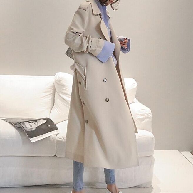 

Trench coat oversize long trench korean coat for women high quality fashion lace slim women' casual jacket, Beige