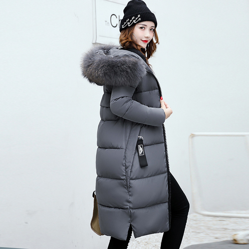 

New Winter Women's Down Coat Long Jacket Soft Fur Collar High Quality Down Cotton Padded Coat Thick Slim Parkas, Black