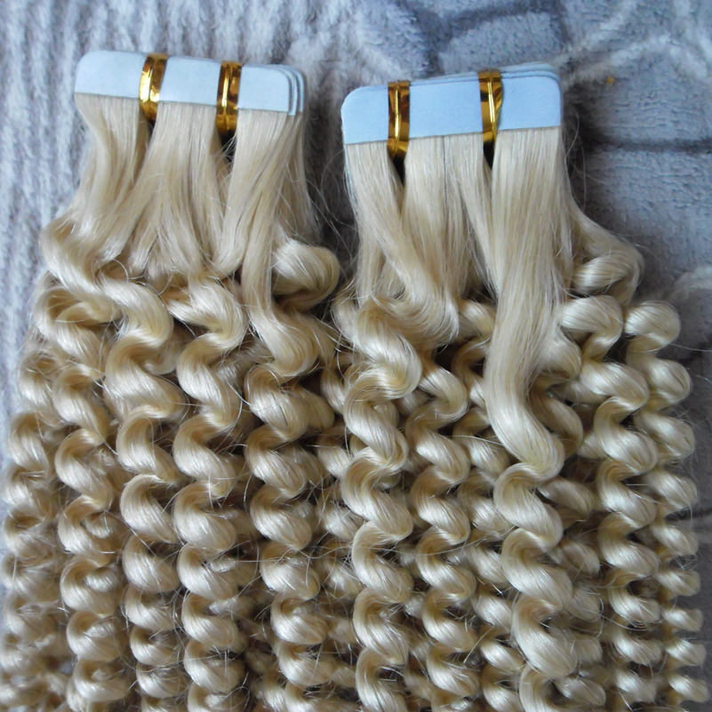 

Tape In Hair Extension 100% Human Hair #613 Color 100G 16 to 24 Inch Remy Brazilian afro kinky Loose curly Tape In Human Hair 40PCS, #27 strawberry blonde