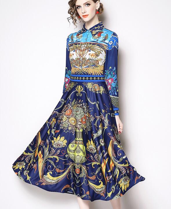 

European and American women A-line spring Lapel neck single-breasted large swing dress Retro print long-sleeved Ankle-length dress, Multi