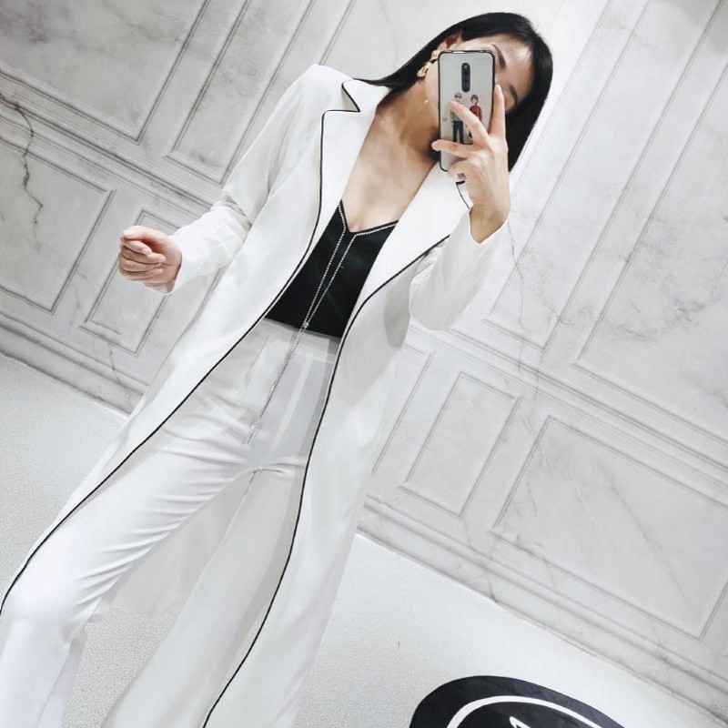 

Runway New Women Long Blazer Trench Coat Wide Leg Pants Office Ladies Two Piece Set Classic Sashes Lace Up Suit Sets Coordinates, White