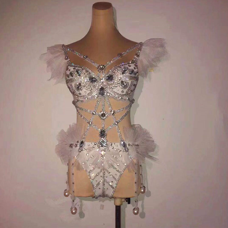 

Sparkly Rhinestones Bodysuit Birthday Celebrate Outfit Bar rav e Evening Women Singer Dancer Show Prom Clothes white