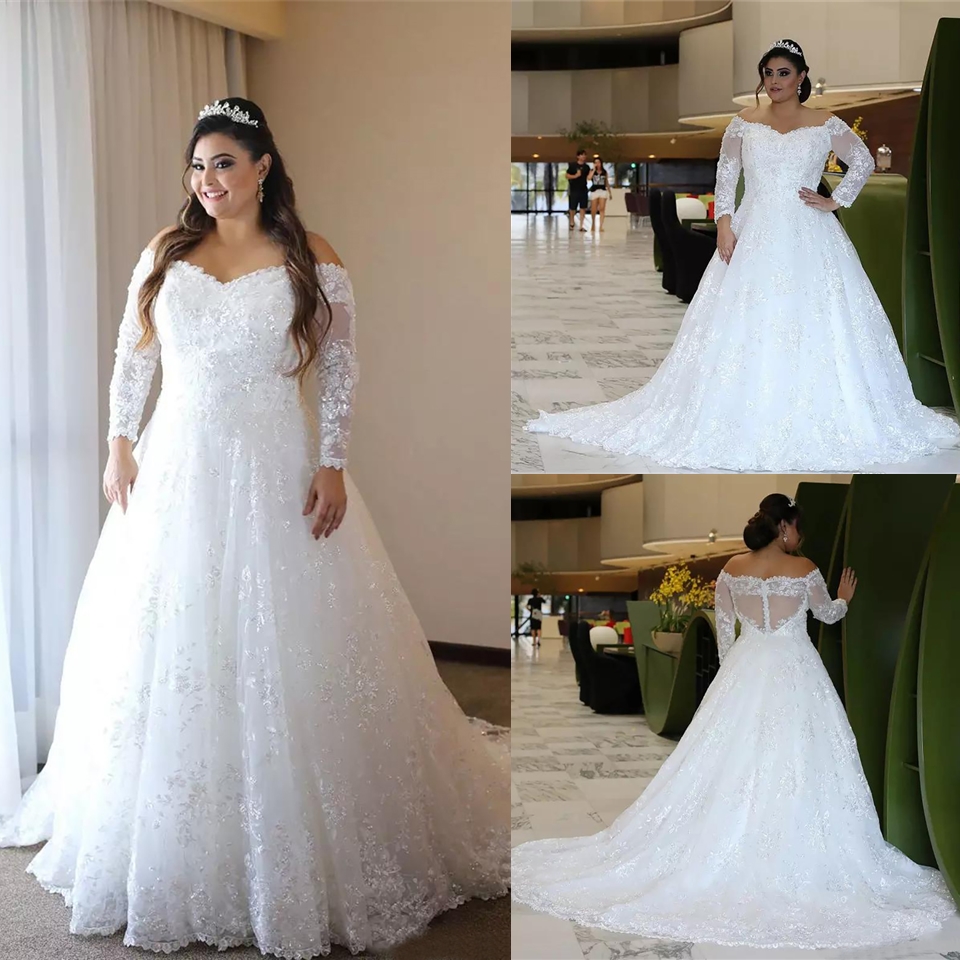 

Sparkly Long Sleeves Lace Plus Size Wedding Dresses with Beaed Appliques Off Shoulder Sweep Train Tulled A Line Wed Bridal Gowns Dress Wed, Gold