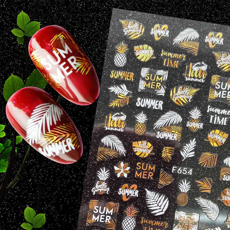 

Newest F654 white anf laser gold leaf design nail art sticker decal stamping back gule DIY decoration for nail wraps, F654 bk laser gold
