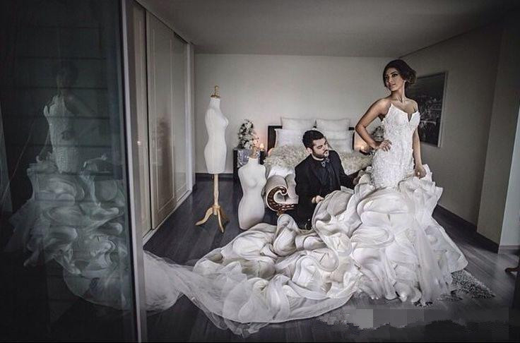 

2019 Romantic Sexy Mermaid Wedding Dresses Lace Up Organza Chapel Train Lace Applique Bridal Gowns Custom Made 2018 Plus Size, White